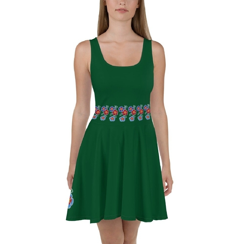 Green Mihkokwaniy Beadwork Print - Clara Dress Indigenous Design